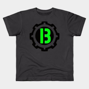 B - Green Industrial letter in a Cog Kids T-Shirt